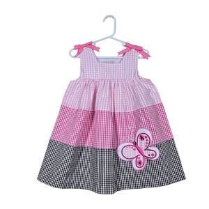 Rare Too! Dress Sundress Girls 2T Pink Black White Check Gingham Polka Dot Bows